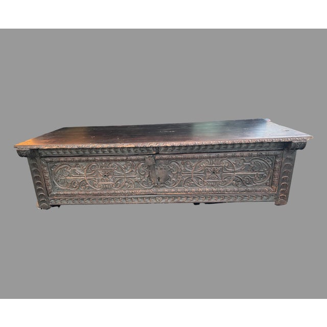 Brown Antique Carved Wood Cassone Blanket Chest Trunk Coffee Table 60” Renaissance For Sale - Image 8 of 10