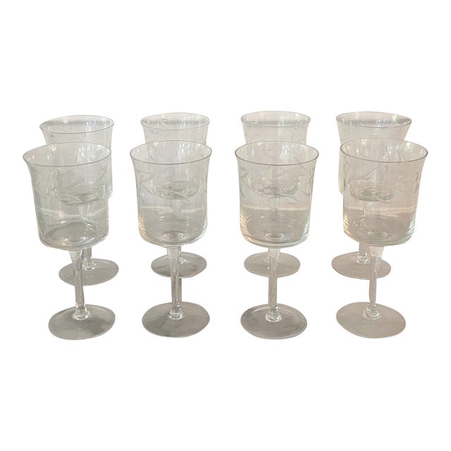 1950s Set of 8 Vintage Etched Crystal Wine Glasses For Sale