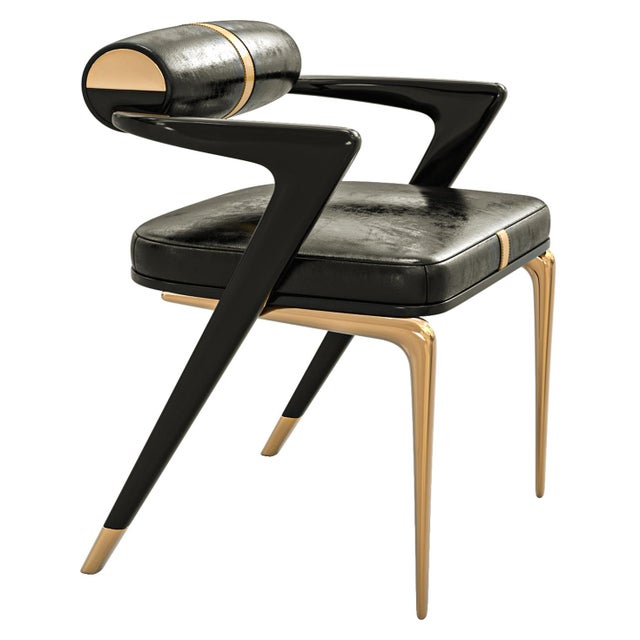 Black "Grecale" Chair, With Bronze & Stainless Steel, Tailor Made Leather For Sale - Image 8 of 11