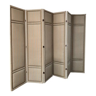 Custom Tailored 6 Panel Linen Stripe Room Divider Floor Screen For Sale