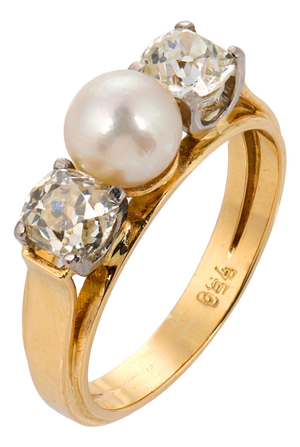 1940s Retro Pearl Old Mine Cut Diamond 18k Two Tone Three Stone Ring, Size 11