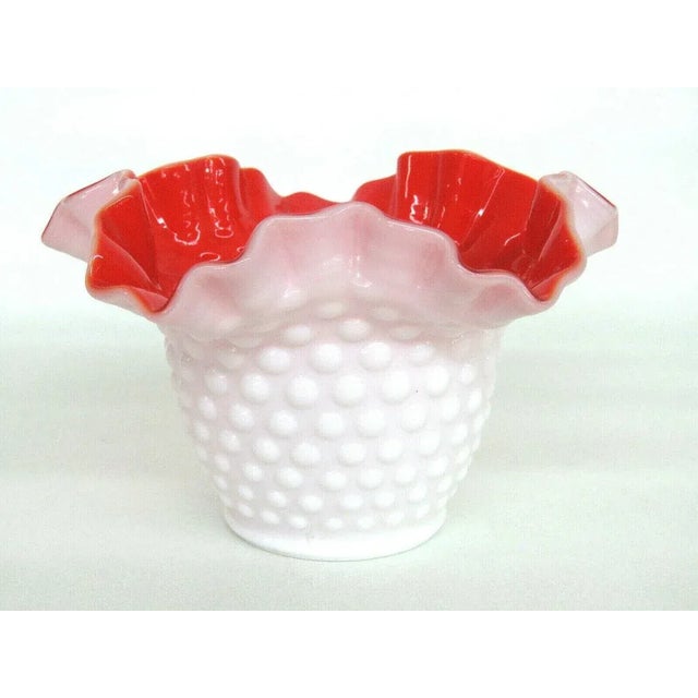 Kanawha Hobnail Style White Milk Glass Red Overlay Crimped Bowl Vase For Sale - Image 11 of 11