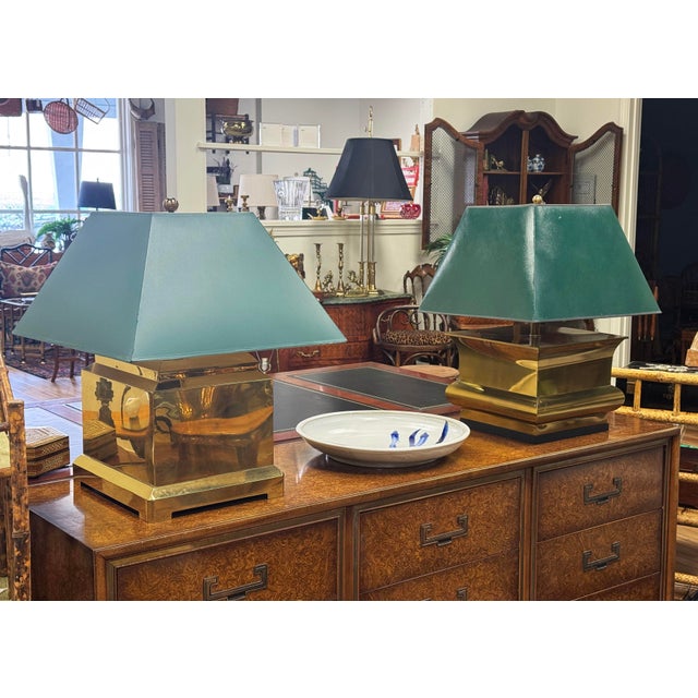 Vintage Oversized Chapman Brass Lamp With Green Shade For Sale - Image 13 of 13