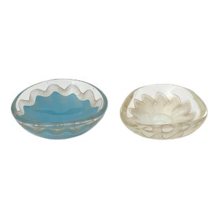 1950s Blue & Cream Murano Glass Barbini Dishes- a Pair For Sale