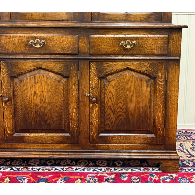 Antique English Large Bookcase Cupboard Cabinet Triple Door Glass Oak C. 1930s For Sale - Image 14 of 18