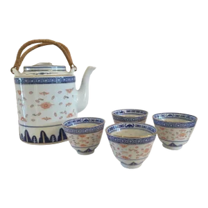 Vintage Chinese Rice Pattern Porcelain Tea Service With Teapot and 4 Cups