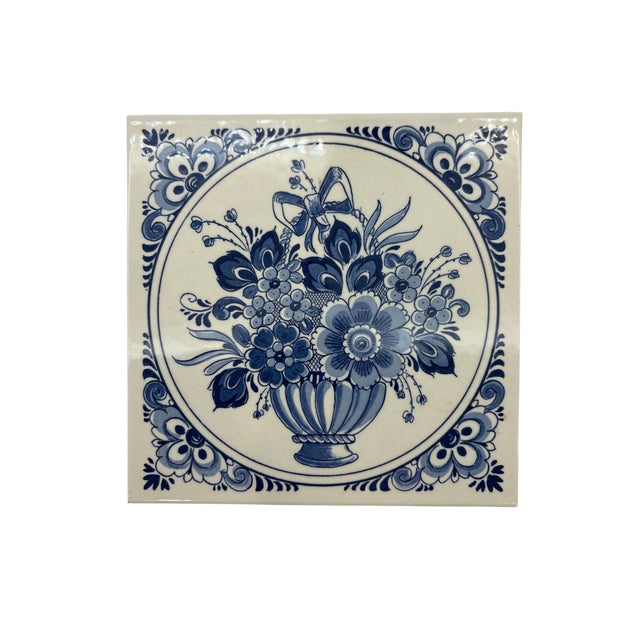 Delft Mid 20th Century Delft Schoonhoven Keramiek Holland Blue and White Floral Tile Trivets - Set of 3 For Sale - Image 4 of 12