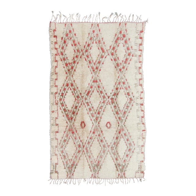 Vintage Beni Ouarain Moroccan Rug in White, Ivory, Taupe, Green and Rose Colors For Sale