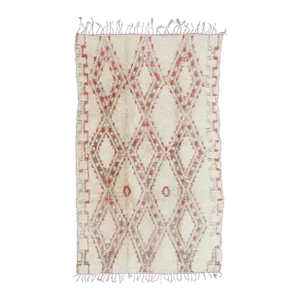 Vintage Beni Ouarain Moroccan Rug in White, Ivory, Taupe, Green and Rose Colors