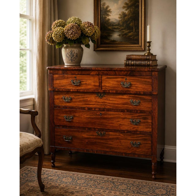 This fine antique George III Sheraton chest of drawers dates to the early 19th century and is a wonderful example of the...