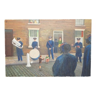 English Artist, Folk Art Salvation Army Band Street Scene, Mid-Century, Oil on Canvas For Sale