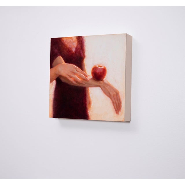 Contemporary Before and Now Seems Infinite by Ken Cunningham | Oil on cradled panel Depiction of hands with an apple. For Sale - Image 3 of 3