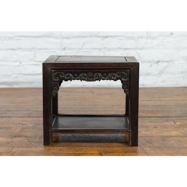 Wood 1900s Chinese Late Qing Dynasty Stool with Cloud-Carved Apron & Lower Shelf For Sale - Image 7 of 13