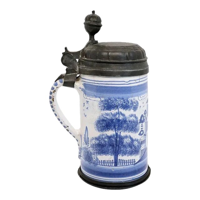 German Bayreuth Faience Pottery Pewter Mounted Blue and White Tankard For Sale