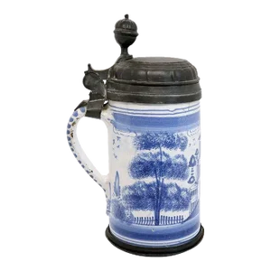 German Bayreuth Faience Pottery Pewter Mounted Blue and White Tankard