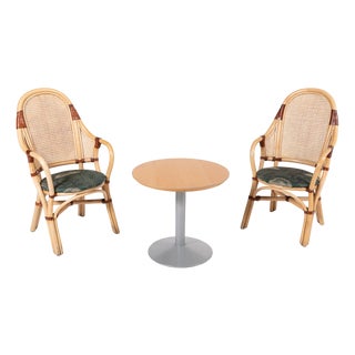 Vintage Rattan-Bamboo Indoor/Outdoor Chairs with Table, 1970s, Set of 3 For Sale