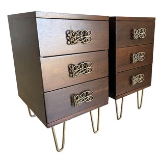 Newly Refinished Walnut and Brass Nightstands For Sale