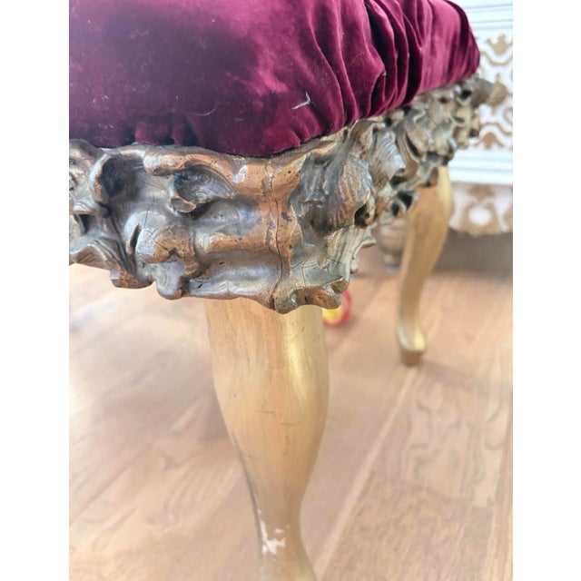 Antique Carved Giltwood Bench in Newly Upholstered Plum Velvet For Sale - Image 4 of 10