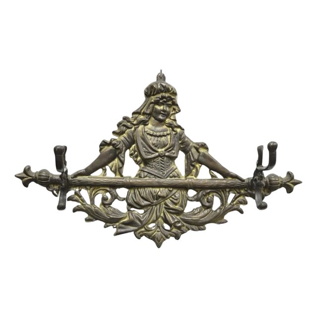 Vintage Victorian Style Cast Iron Figural Maiden Wall Coat Hat Hook For Sale