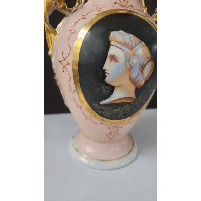 Late 20th Century Antique Bohemian Pink Portrait Porcelain Vase With Gilt Handles, Circa 1900 For Sale - Image 5 of 17