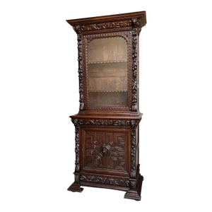 Antique French Bookcase Cabinet Carved Oak Black Forest Renaissance Display C1880