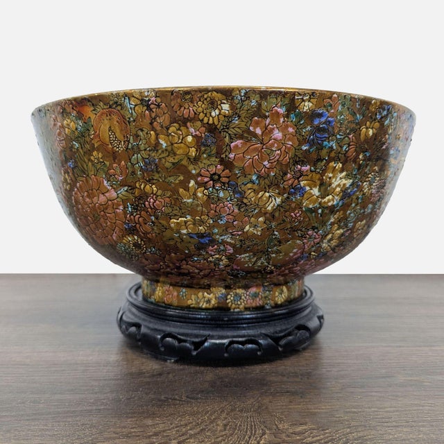 Vintage Satsuma "Thousand Flowers" (Millefleur) bowl on a rosewood stand likely from the Japanese Meiji period (late 19th...