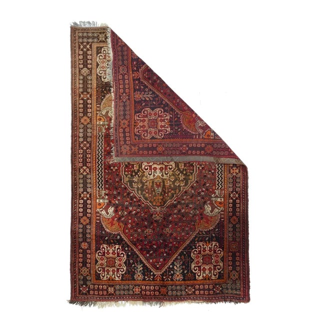 Iconic vintage SW Persian tribal scatter with horse headed side zig-zag patterned colonettes a la Persepolis, corner and...