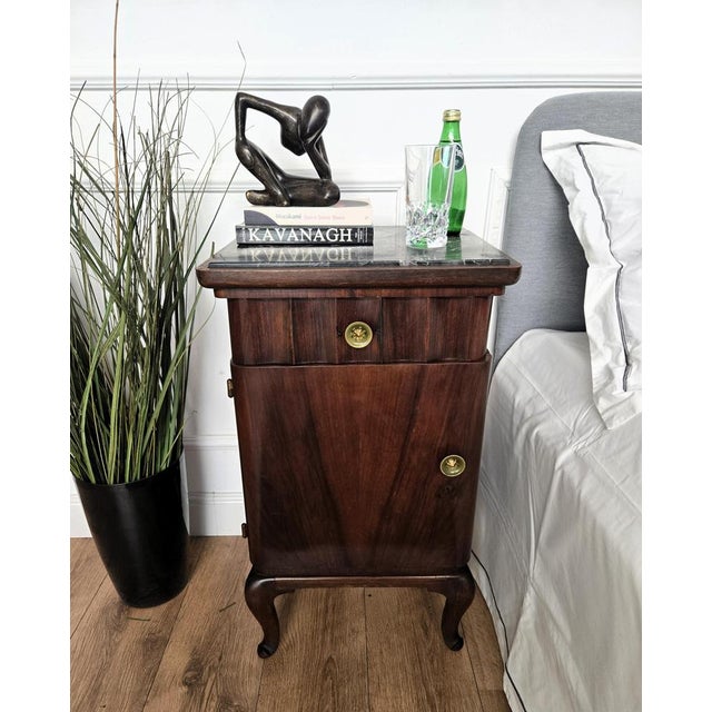 Very elegant and refined pair of Italian 1940s Art Deco bedside tables with great design shape decorated wood and carved...