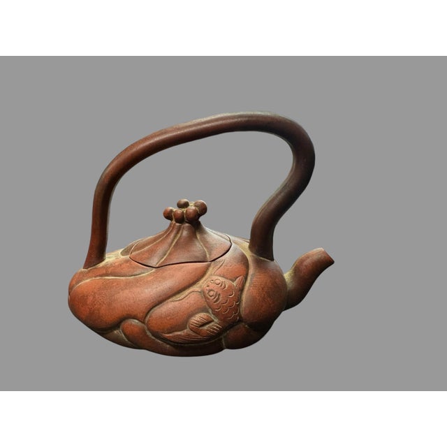 Vintage Terracotta Redware Chioiserie Style Tea Pot With Dragon & Koi Fish For Sale - Image 6 of 9