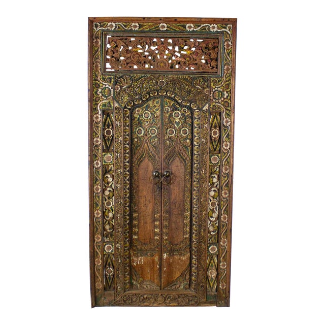20th Century Balinese Style Asian Hand Carved & Painted Sculptural Teak Door Panel With Brass Pulls For Sale