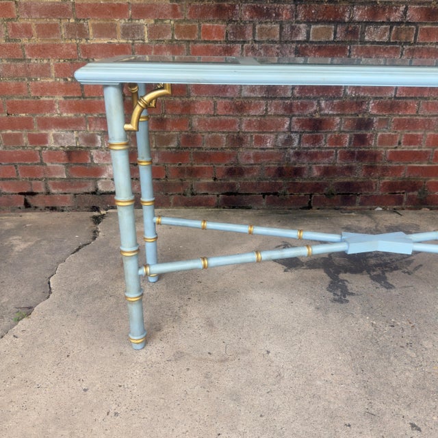 Vintage French Blue and Gold Faux Bamboo Console Table Attributed to Lane Altiavista Newly Painted - Dorothy Draper Style For Sale In Mobile - Image 6 of 11