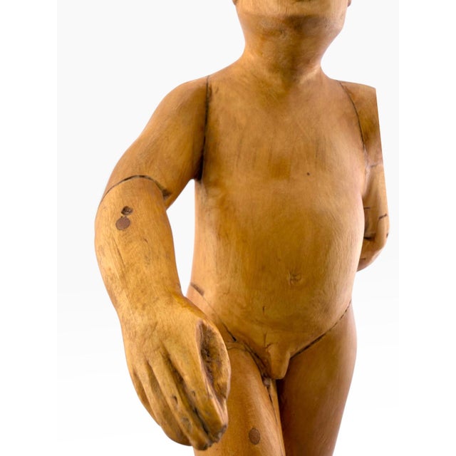 Yellow 1990s Donald Nelsen Modernist Painted Wood Walking Figure Sculpture With Fez For Sale - Image 8 of 18