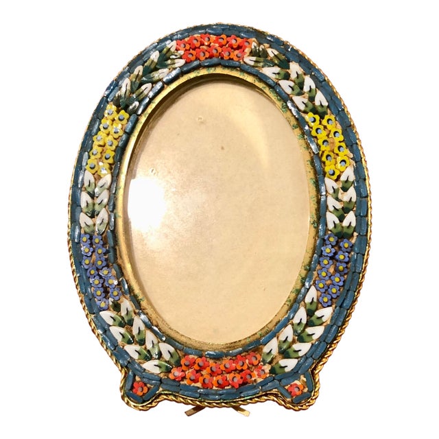 Antique Dash Italian, Micro Mosaic, Oval Picture Frame, 2 5/8” (Floral Design) For Sale