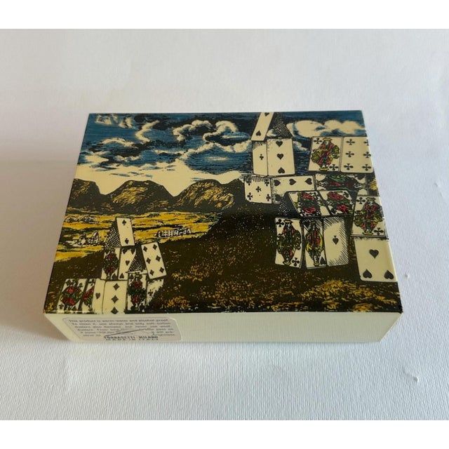 Vintage poker playing cards box in walnut wood and "City of Cards" enameled metal case cover, it holds two packs of cards...