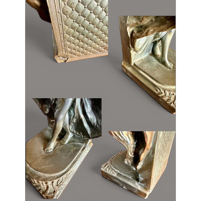 Antique Art Deco Flapper Girl Spelter Bookends-Loie Fuller-Bronze Finish-Pair For Sale - Image 9 of 11