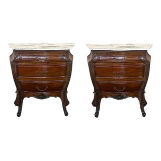 Pair of French Carved Nightstands With Three Drawers and Marble Top For Sale