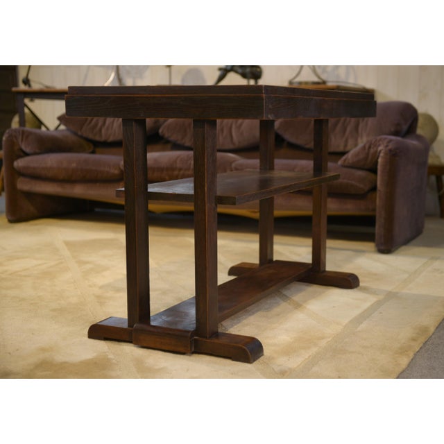 Oak console/side table, 1940s, with a clean and functional design. Thick rectangular top with a slight overhang, ideal as...