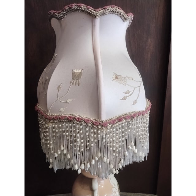 Vintage Victorian Regency Style Floral Lamp Dusty Rose Pink Fringed Beaded Shade For Sale - Image 11 of 12