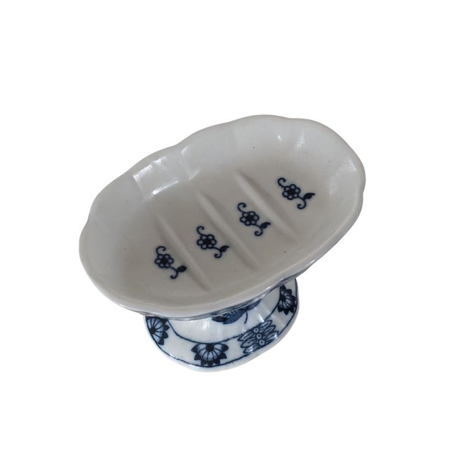 Vintage Blue Onion Porcelain Pedestal Soap Dish Holder For Sale - Image 11 of 13