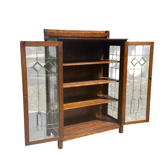 Antique Arts & Crafts Mission Oak China Cabinet With Leaded Crystal Glass Panels For Sale - Image 4 of 12