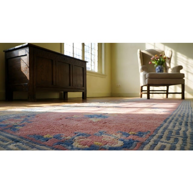 Rose 1930s Pink-Rose Floral Antique Chinese Peking Rug 3' X 11'8" Handknotted Wool Carpet For Sale - Image 8 of 9