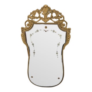 Antique 19th Century Ornate Etched Beveled Gilt Wooden Wall Mirror 17x31 For Sale