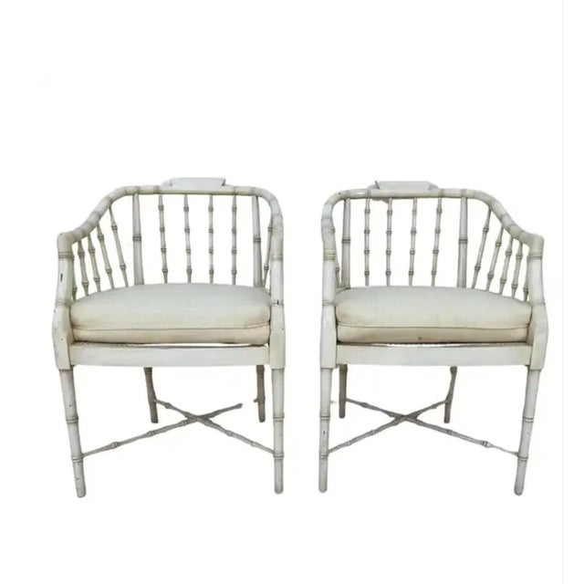 Cream A Pair of Regency Style Faux Bamboo and Cane Armchairs For Sale - Image 8 of 8
