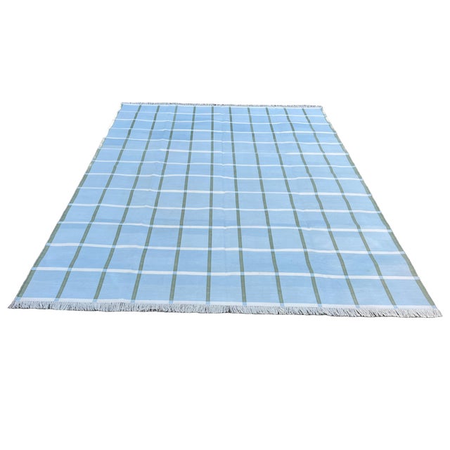 Handmade Cotton Natural Vegetable Dyed Sky Blue, Cream & Sage Green Windowpane Rug - 12'x15' For Sale - Image 9 of 10