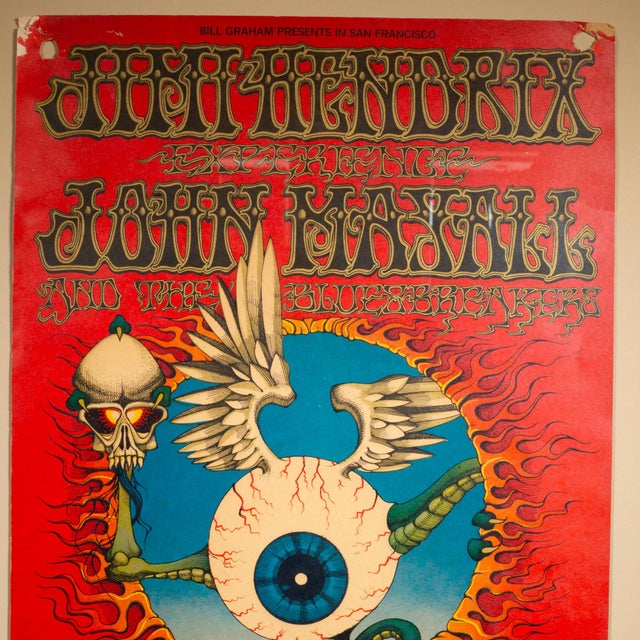 Mid-Century Modern First Edition Flying Eyball Jimi Hendrix Concert at the Fillmore Poster, San Francisco, 1968 For Sale - Image 3 of 7