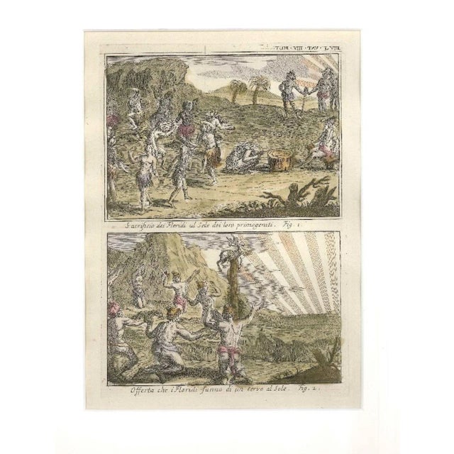 Offers and sacrifices to the sun, among the floridians is a fine etching, hand-watercolored, realized by the engraver...