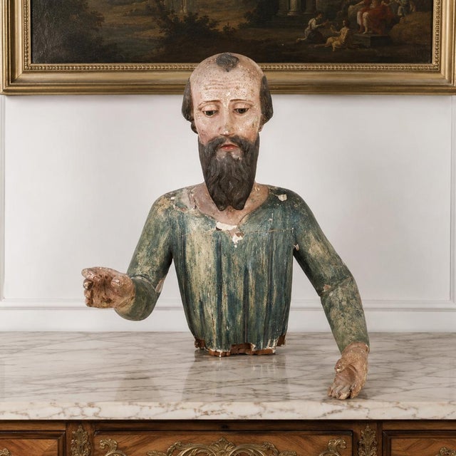 18th Century Spanish Colonial Polychromed Carved Wood Santos Sculpture For Sale - Image 6 of 18