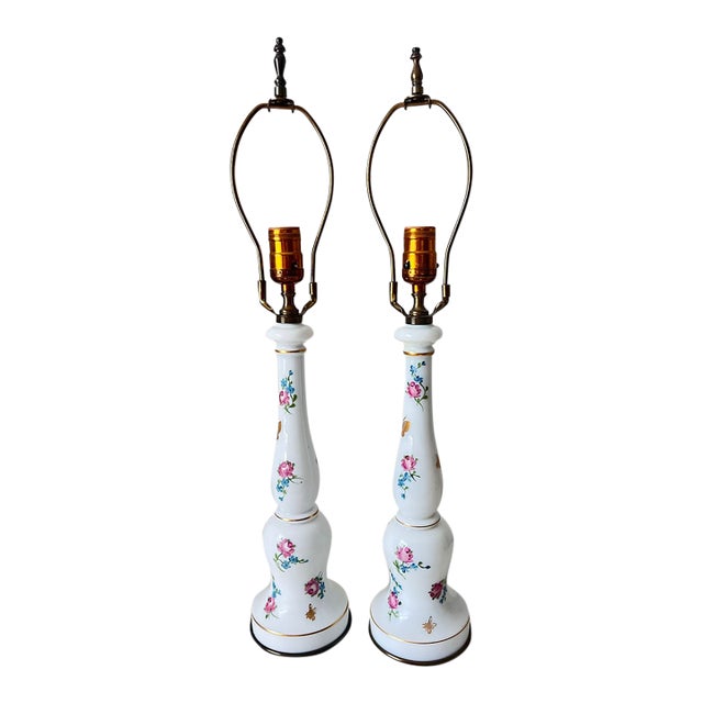 1950s Warren Kessler Hand-Painted Opaline Lamps - Pair For Sale