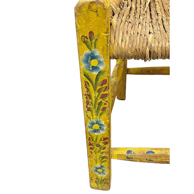 Early 20th Century Early 20th Century Yellow Hand-Painted Mexican Folk Art Child’s Chair With Woven Rush Seat For Sale - Image 5 of 14