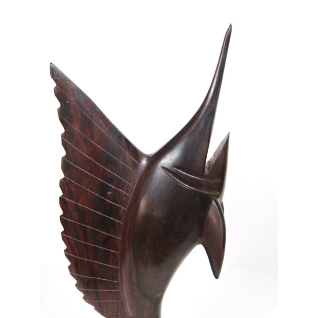 Mid-Century Modern 1970s Hand-Carved Hardwood Sailfish / Marlin Sculpture on Base For Sale - Image 3 of 11